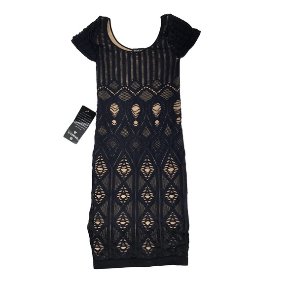 Bebe NEW Womens Size Small Double Layer Black Crochet Body-Con Dress Going Out - Picture 2 of 5